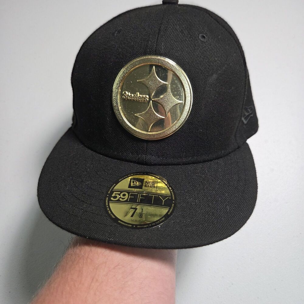 ​New Era 59FIFTY Pittsburgh Steelers Hat Mens 7 1/8 Black Gold Metal Badge Cap